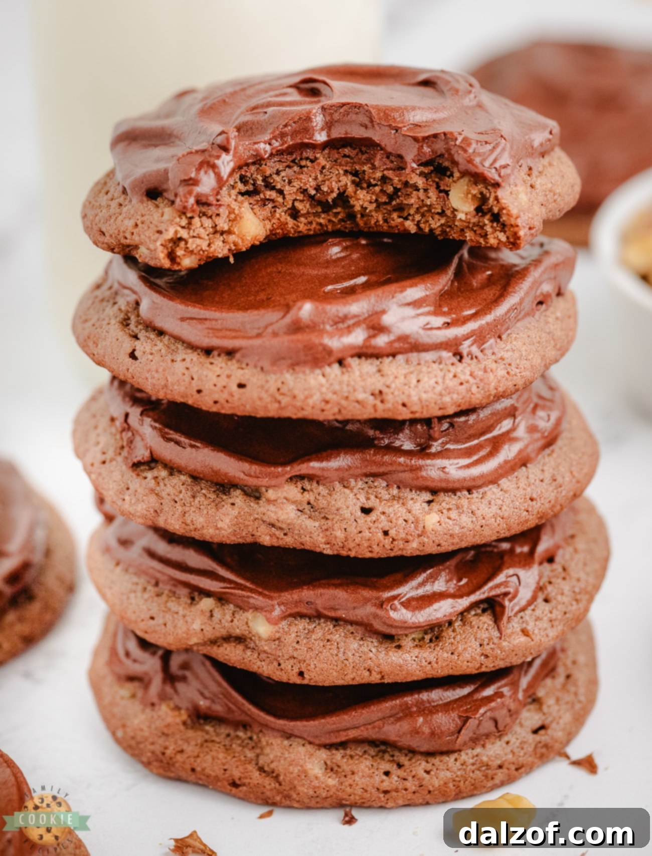 stack of frosted double chocolate cookies