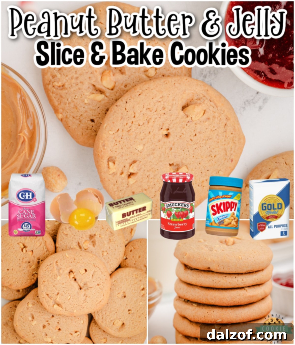 PB&J Slice and Bake Cookies are buttery cookies with classic peanut butter and jelly flavors everyone loves! 