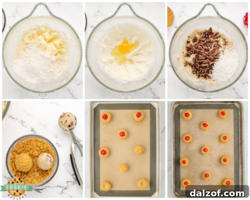 Step-by-step imagery showing the process of making Cherry Crunch Cookies, from mixing ingredients to forming dough balls.