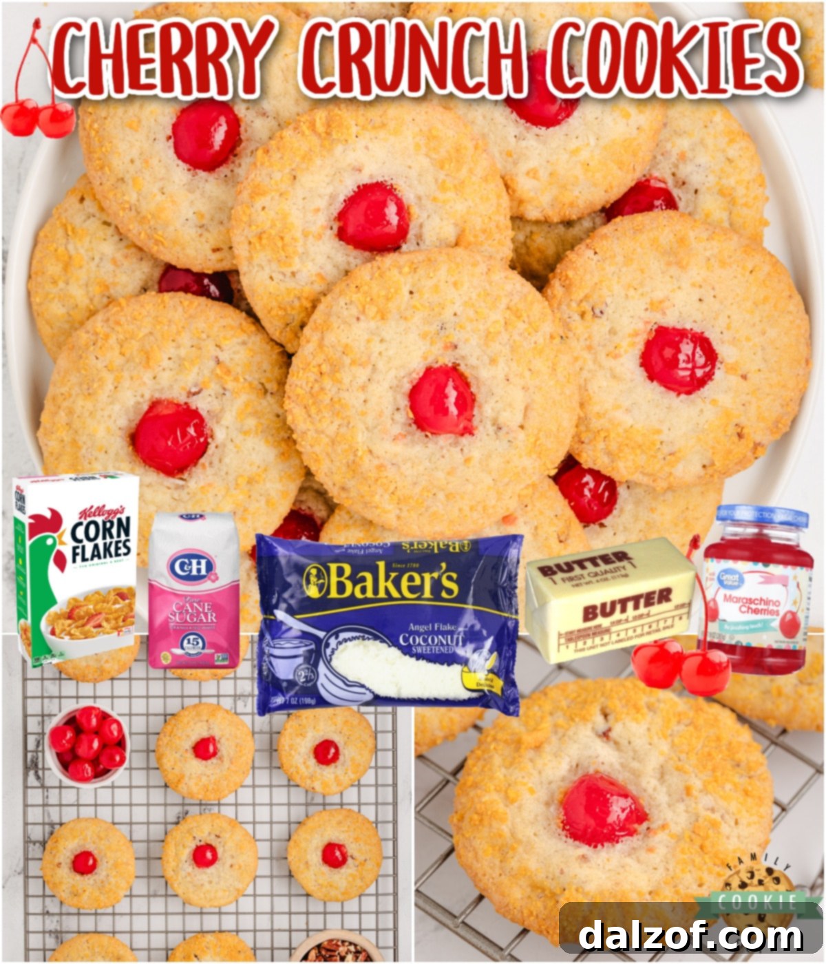 A collage of Cherry Crunch Cookies, showcasing their delightful texture and rich cherry centers.