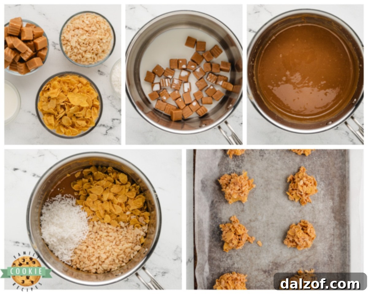 Ingredients laid out for making no-bake caramel crunch cookies, including caramels, cream, cornflakes, rice krispies, and coconut.