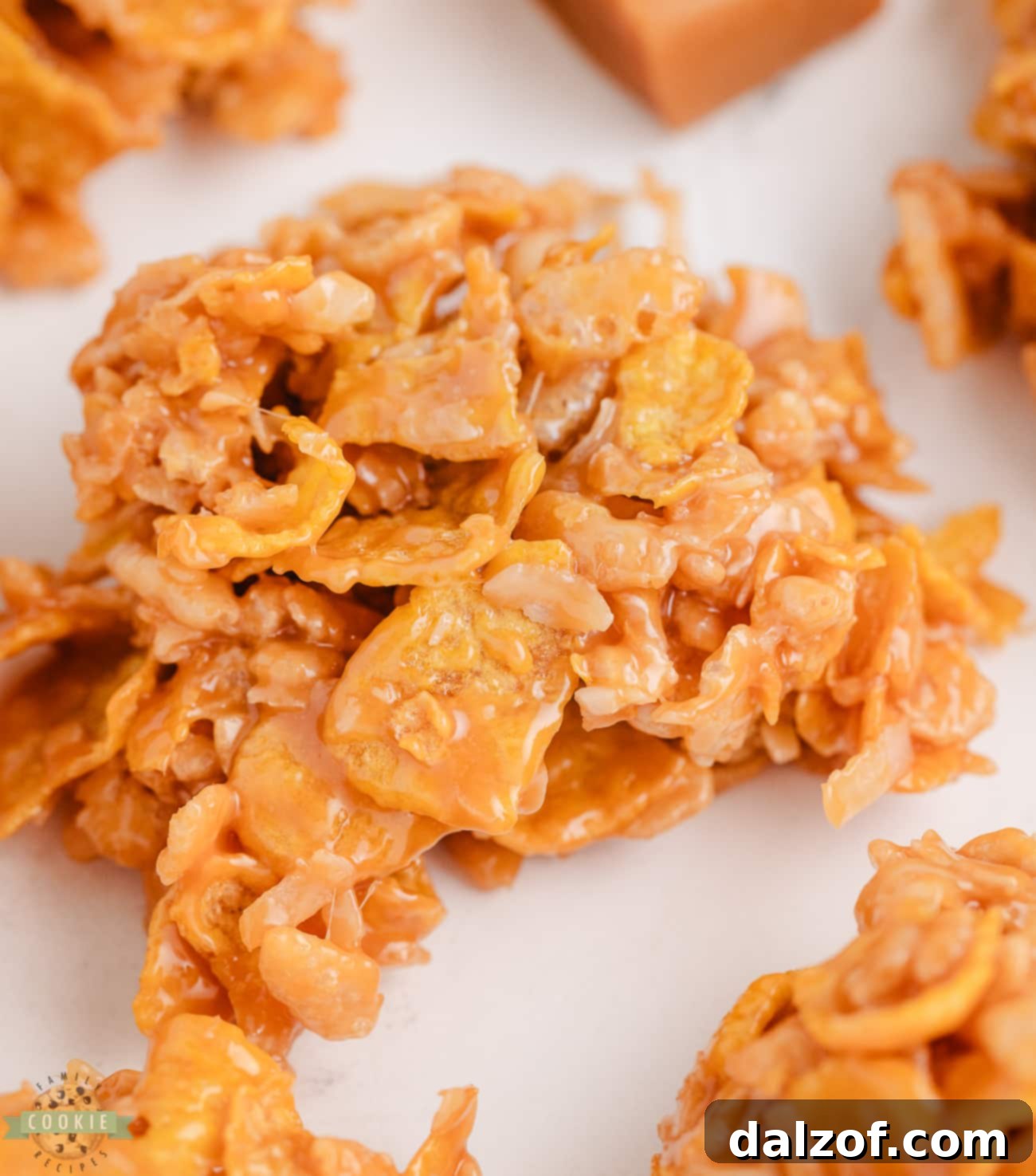 A stack of perfectly set No-Bake Caramel Crunch Cookies on a plate, showcasing their readiness to be eaten.
