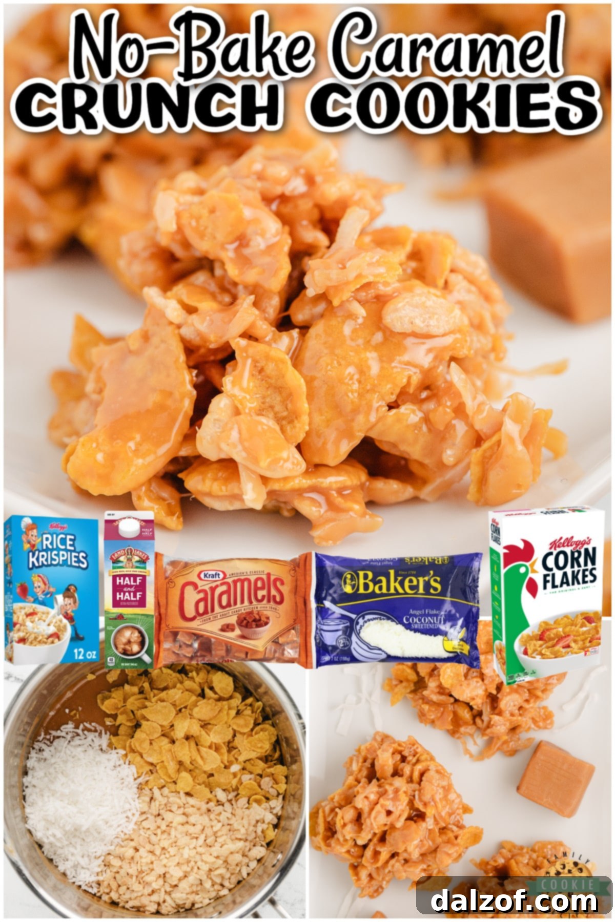 A vibrant collage of No-Bake Caramel Crunch Cookies, emphasizing their quick preparation and delightful combination of cornflakes, rice krispies, and coconut.