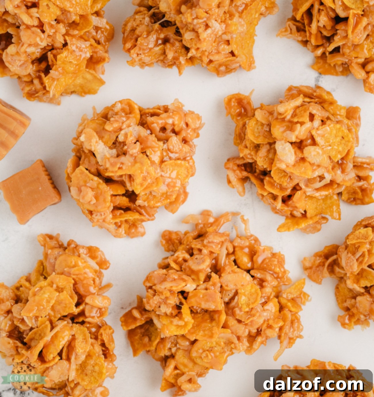 A second view of the appealing caramel crunch cookies, highlighting their crunchy texture and golden color from cornflakes and rice krispies.