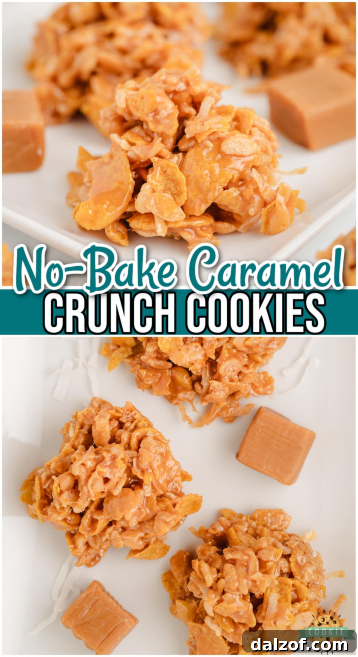 Promotional image for No-Bake Caramel Crunch Cookies, highlighting the combination of cornflakes, rice krispies, and coconut with soft caramel.