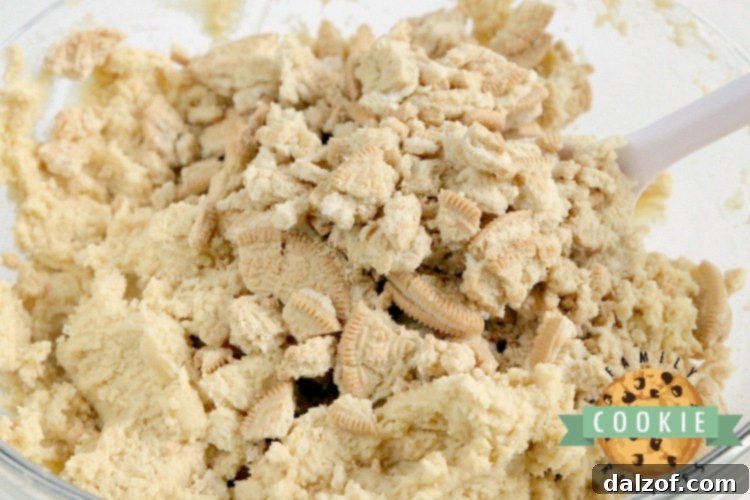 Close-up of crushed Golden Oreo cookies being folded into vanilla cookie dough.
