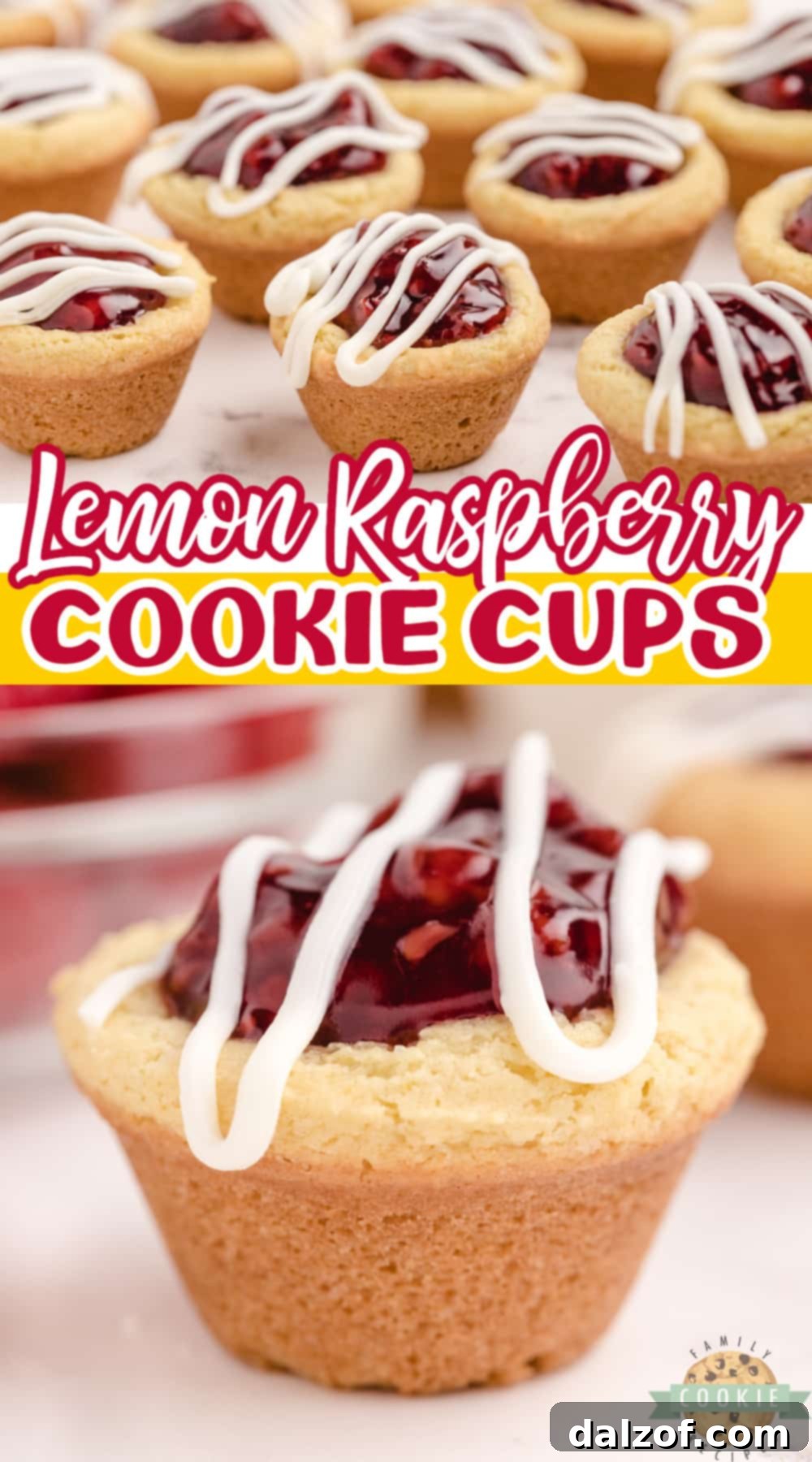 Lemon Raspberry Cookie Cups are made with a simple lemon cookie recipe and raspberry pie filling. Drizzle a little white chocolate on top for a bite sized cookie cup recipe that is impressive and delicious!