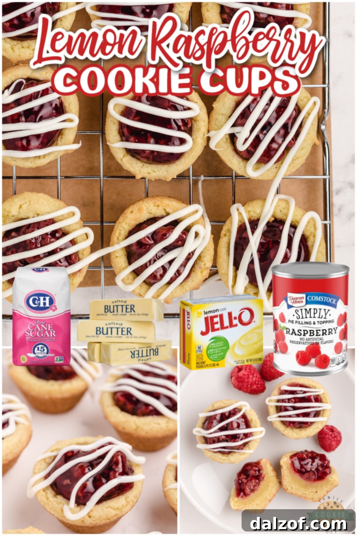 Lemon Raspberry Cookie Cups are made with a simple lemon cookie recipe and raspberry pie filling. Drizzle a little white chocolate on top for a bite sized cookie cup recipe that is impressive and delicious!