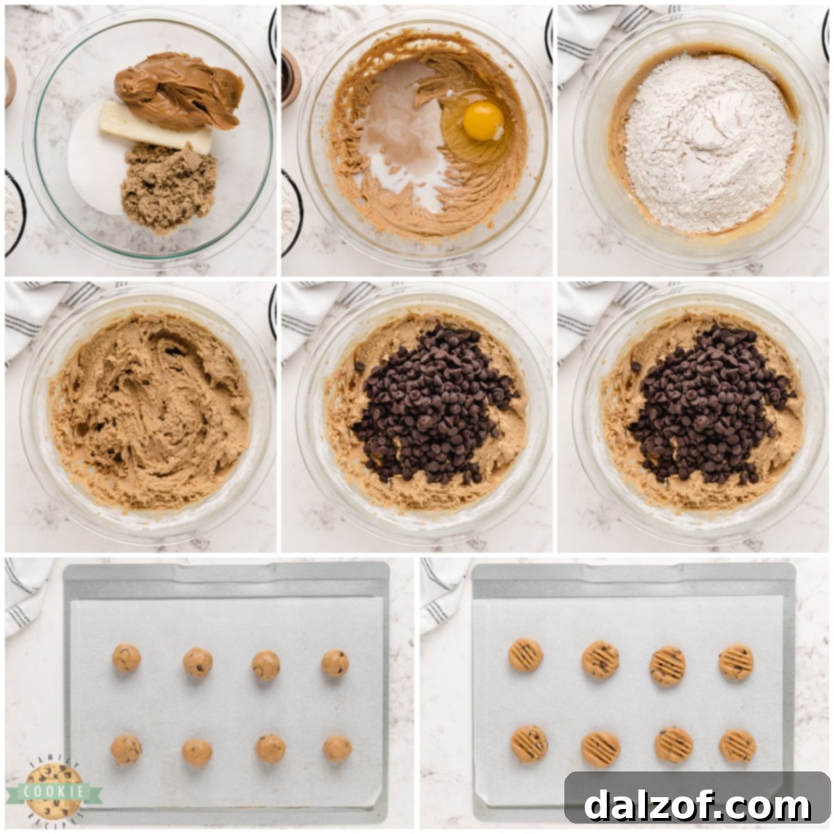 Step by step instructions on how to make Chocolate Chip Peanut Butter Cookies, showing dough mixing.