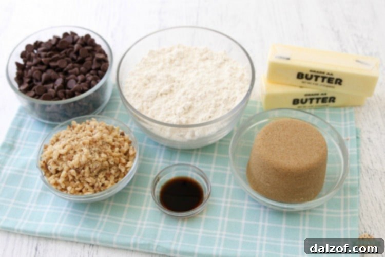 Ingredients laid out for chocolate chip cookie bars