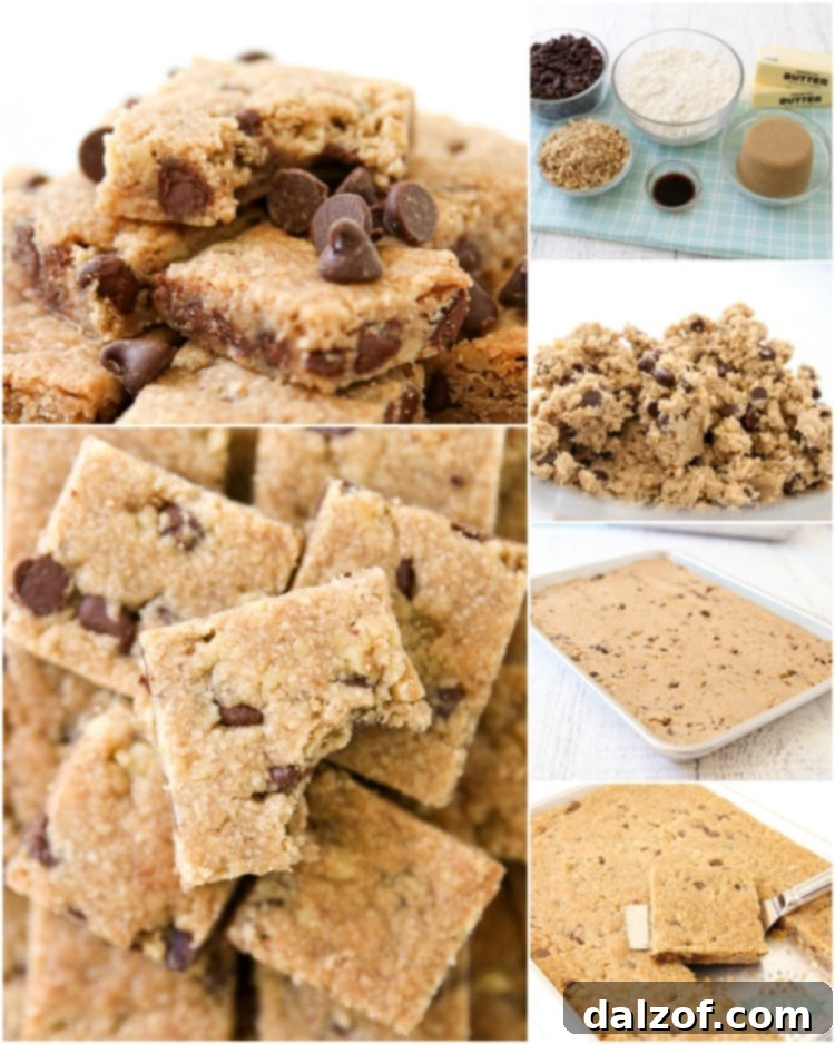 Collage showing steps for making chocolate chip cookie bars