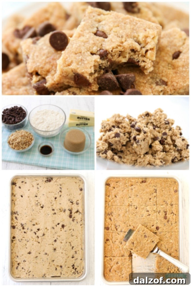 Collage showing various stages of making chocolate chip cookie bars, including ingredients and finished product