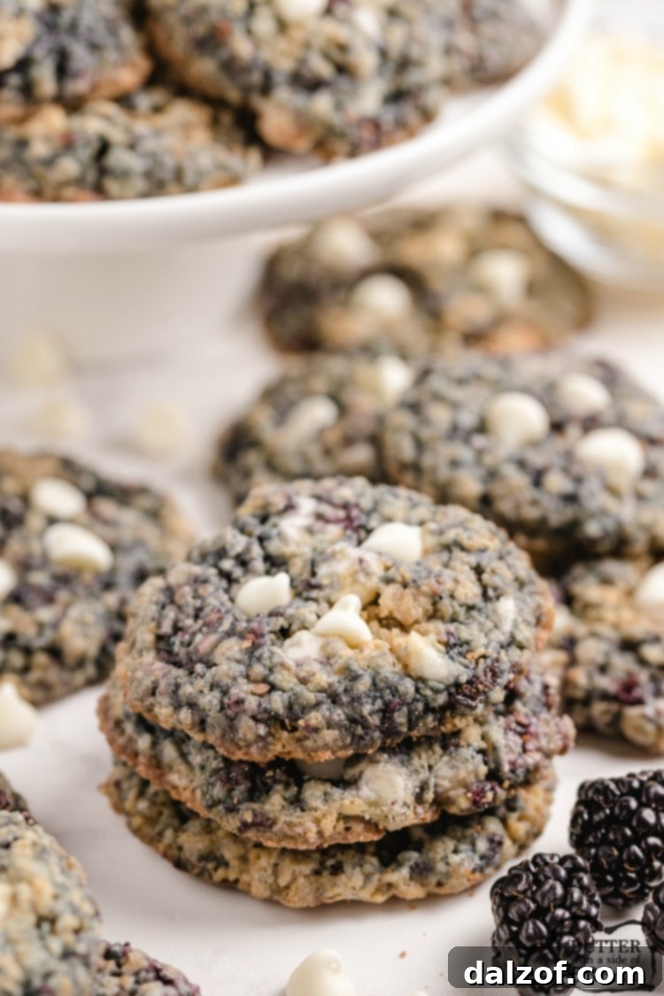 Soft and chewy blackberry oatmeal cookies made with fresh, ripe blackberries