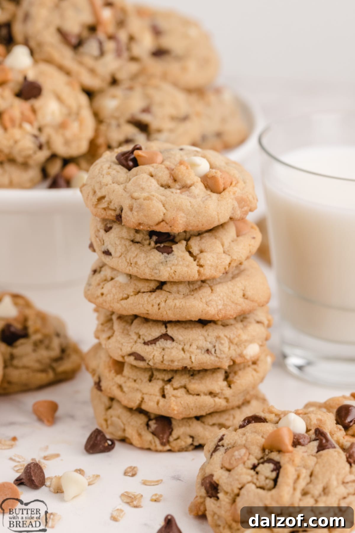 Indulgent five-chip peanut butter oatmeal cookies featuring multiple types of chocolate, peanut butter, and butterscotch chips