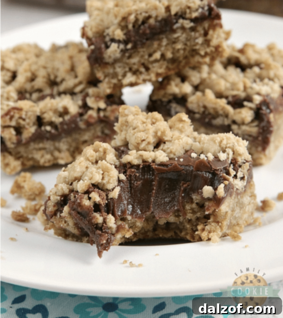 Fudgy oatmeal cookie bars with a thick layer of chocolate ganache sandwiched between two soft oatmeal cookie layers