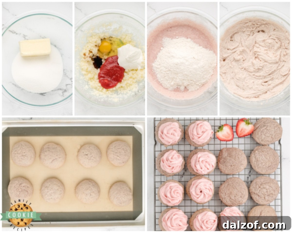 Sweet Frosted Strawberry Cookies 4 A step-by-step visual guide on how to make frosted strawberry cookies, showing various stages of preparation.