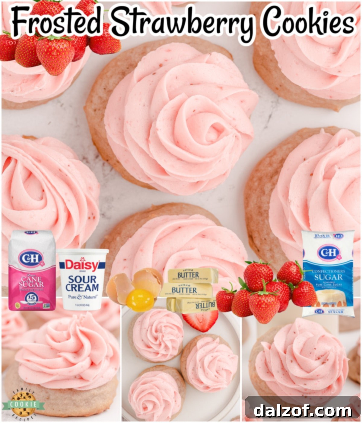 Sweet Frosted Strawberry Cookies 7 Frosted Strawberry Cookies made with fresh strawberry for that bright, fresh flavor that everyone adores! Soft, pillowy sugar cookies topped with a luscious strawberry buttercream you just have to try!
