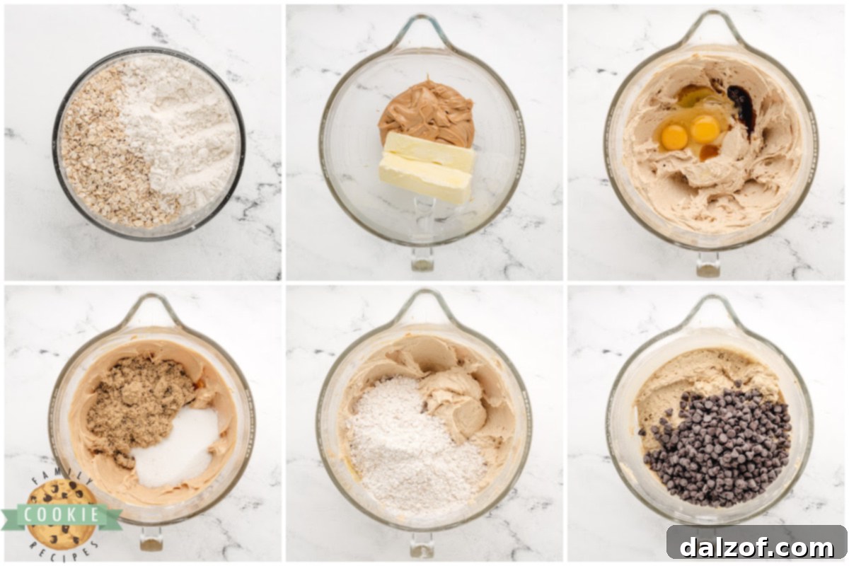 Step-by-step images showing the process of making Peanut Butter Oatmeal Chocolate Chip Cookies, from combining ingredients to scooping dough onto trays.
