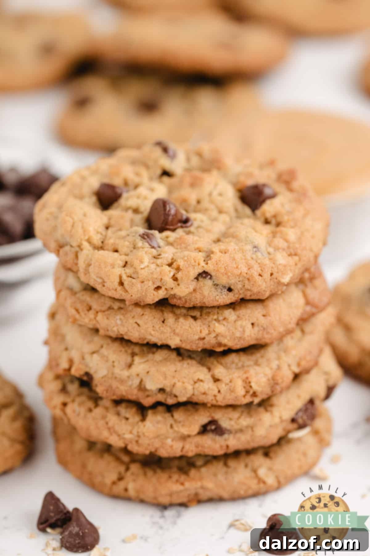 A stack of golden brown Peanut Butter Oatmeal Chocolate Chip Cookies, showcasing their appealing texture and abundant chocolate chips and oats.