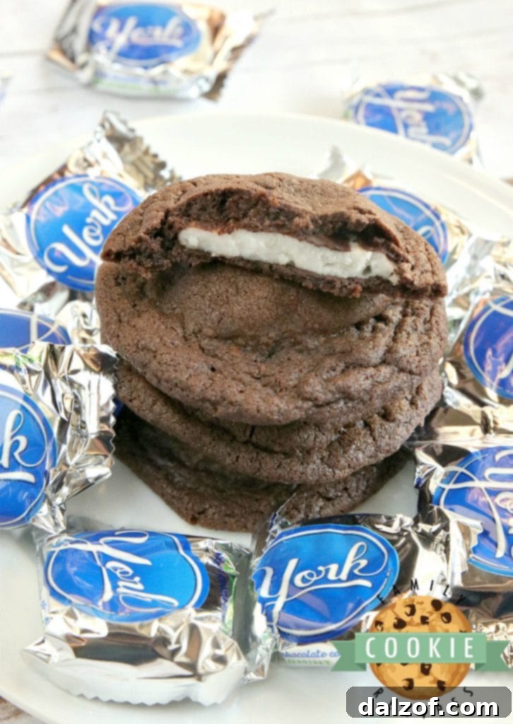 Soft and chewy Chocolate Mint Cookies with a surprise York peppermint patty center, offering the perfect balance of chocolate and mint flavor.