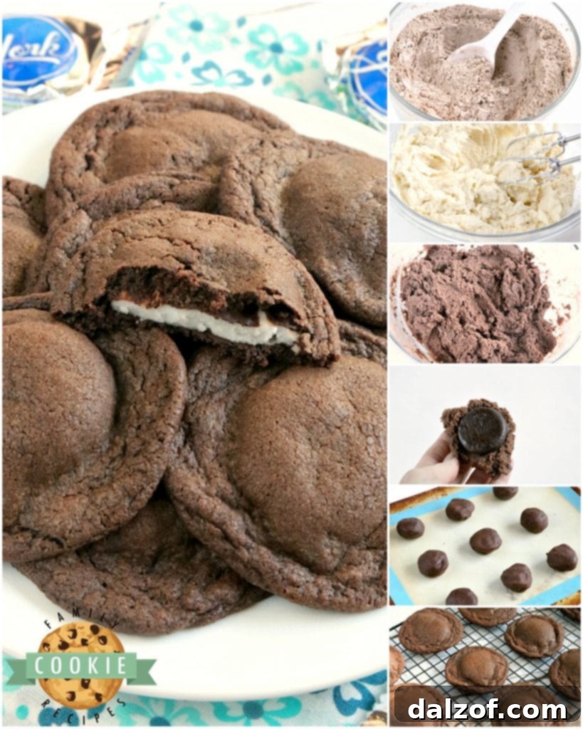 A stack of freshly baked Chocolate Mint Cookies, revealing their soft texture and potential gooey mint center.