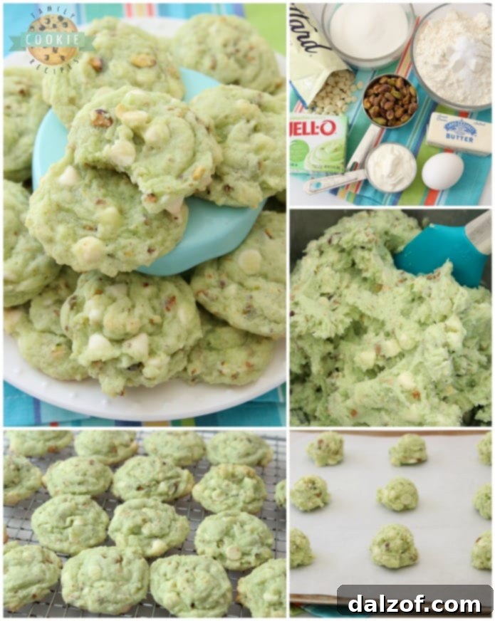 Pistachio Velvet Treats 3 A collage of Pistachio Pudding Cookies, showing their soft texture, vibrant color, and generous mix-ins like white chocolate chips and chopped pistachios.