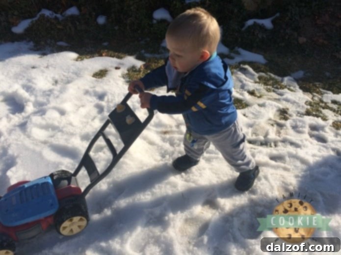 Pistachio Velvet Treats 8 Child playing in snow with a toy lawnmower, despite spring weather.