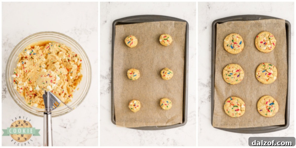 Cookie dough being scooped onto a prepared baking sheet using a cookie scoop for uniform size.