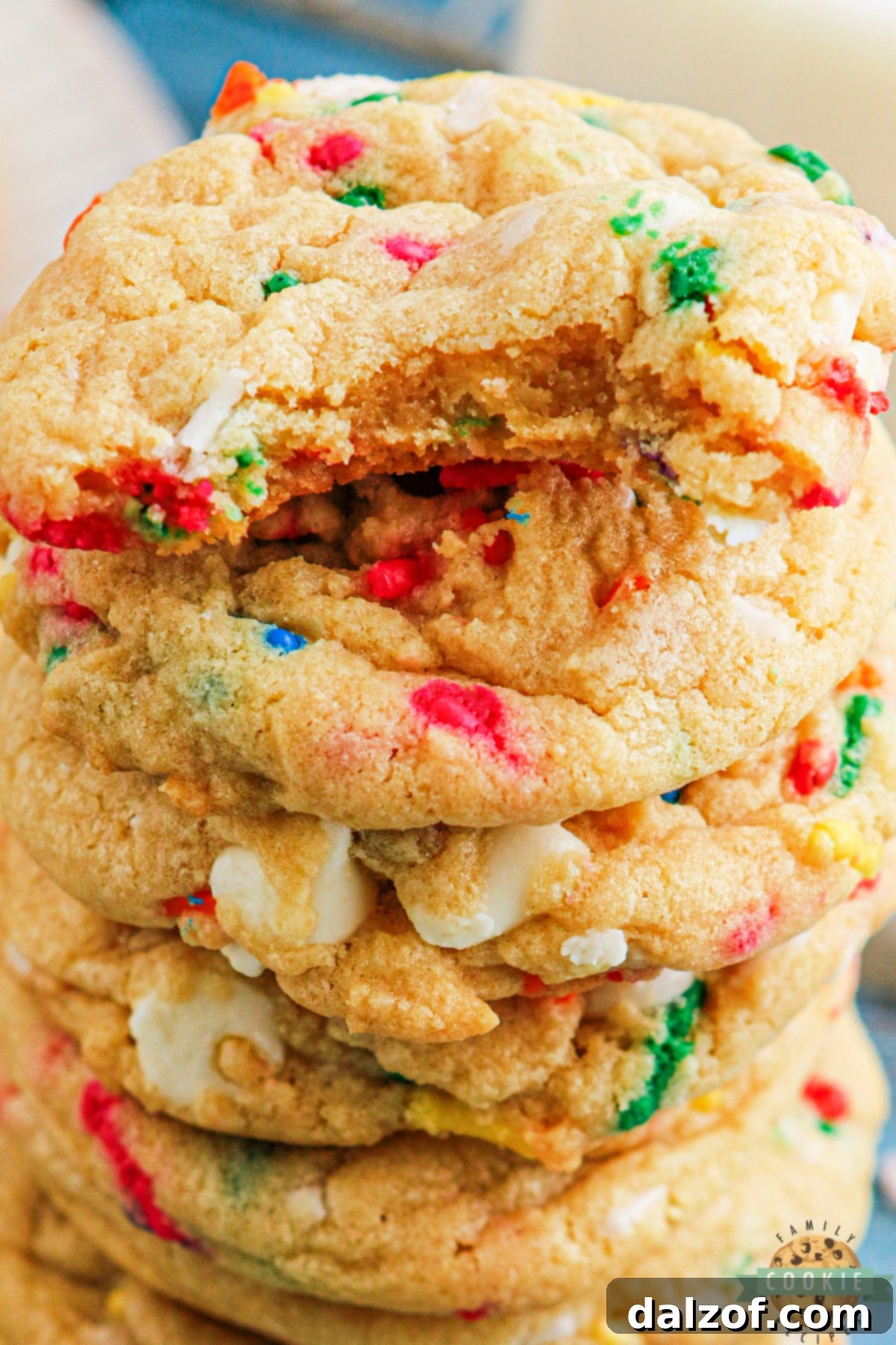 Freshly baked cookies adorned with colorful sprinkles and creamy white chocolate chips, a perfect funfetti treat.