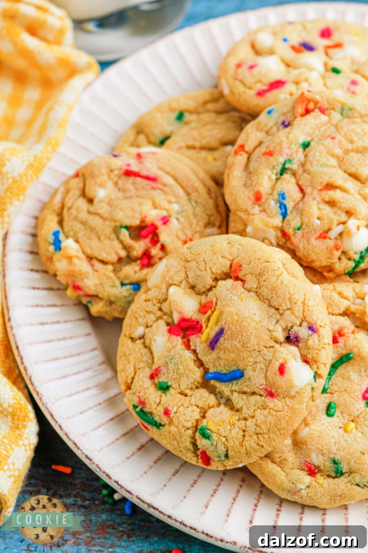 A vibrant batch of Funfetti cookie dough, speckled with colorful sprinkles and white chocolate chips, ready for baking.