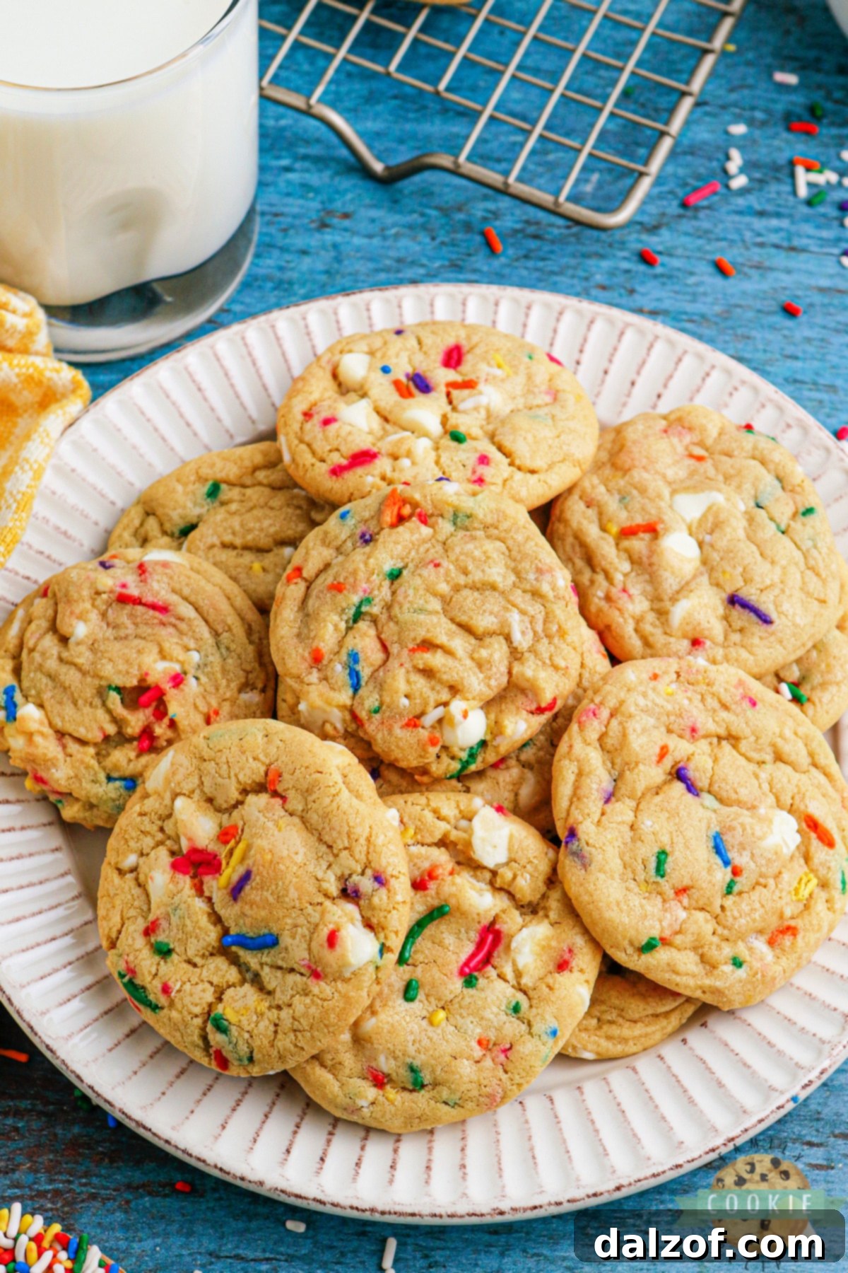 A close-up of a stack of freshly baked Funfetti Cookies, showcasing their vibrant sprinkles and gooey white chocolate chips.