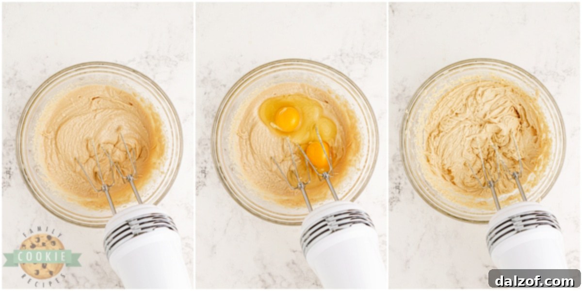 Butter, brown sugar, granulated sugar, and vanilla being creamed together, followed by eggs being added to the mixture.