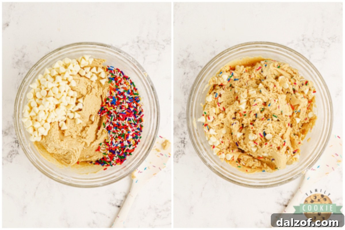 Vibrant Funfetti sprinkles and creamy white chocolate chips being folded into the prepared cookie dough.