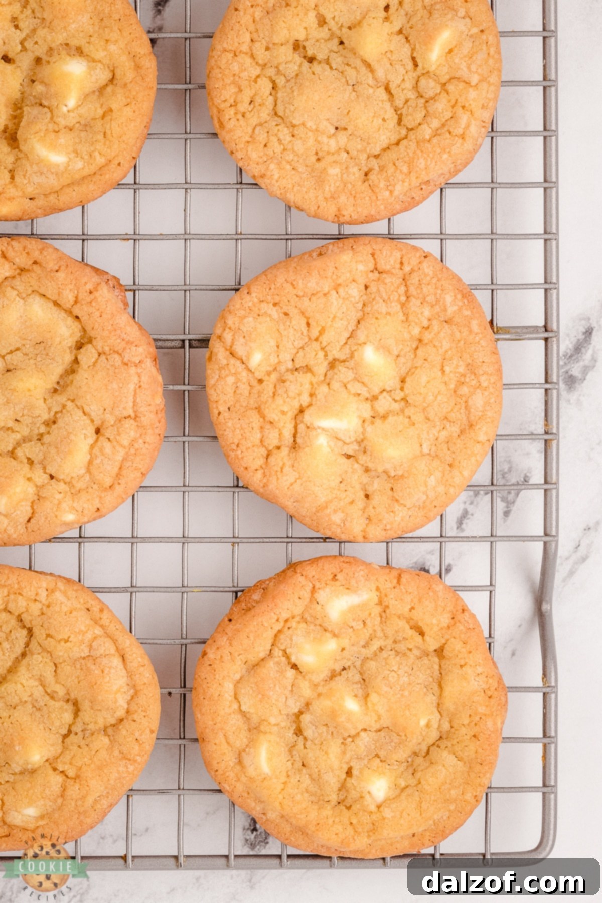 mrs fields white chocolate chip cookies on a cooling rack