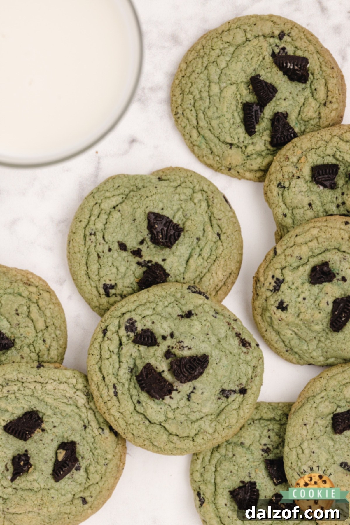 Close-up of freshly baked mint cookies with visible mint Oreo chunks