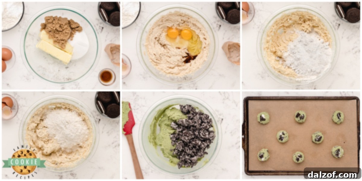 Step-by-step images showing how to mix ingredients for Mint Oreo Pudding Cookies