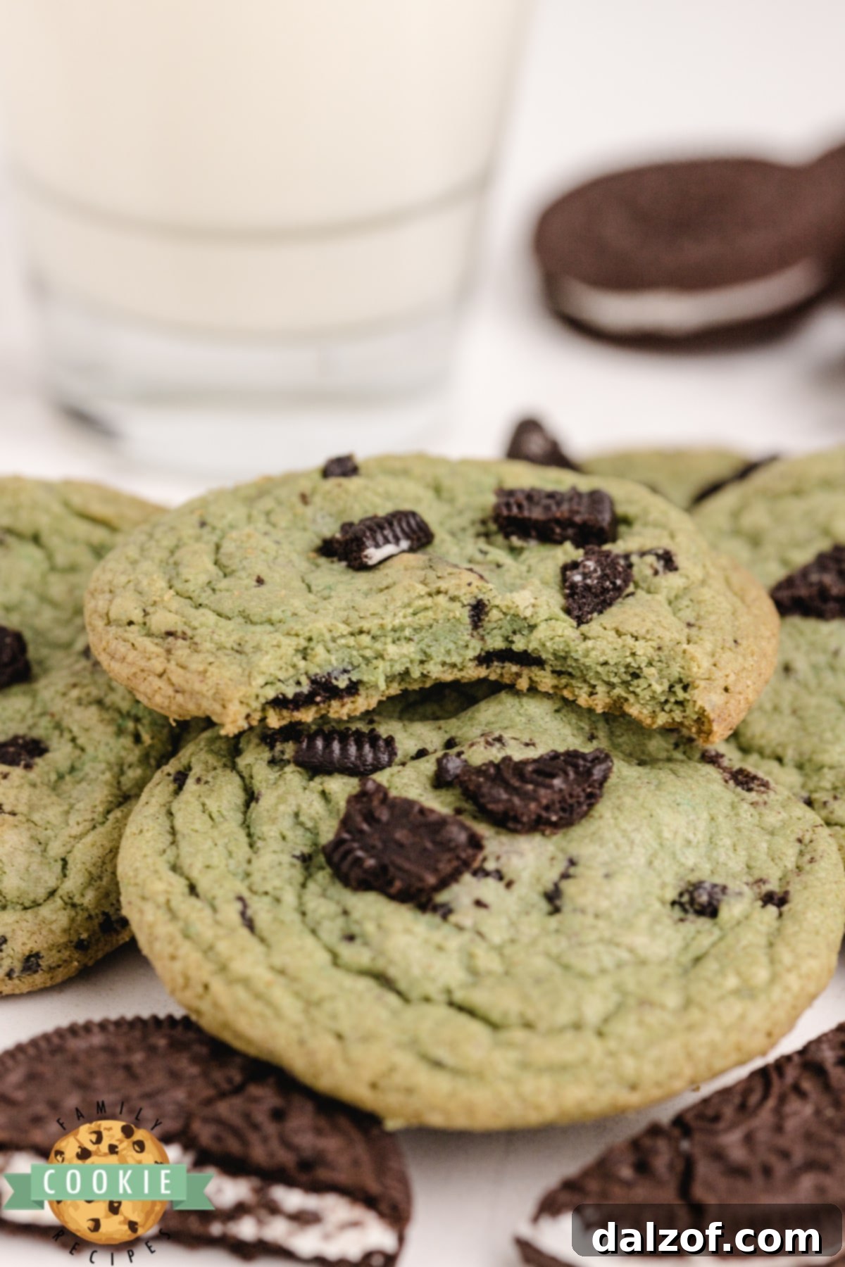 Close-up of mint flavored pudding cookies with Mint Oreos