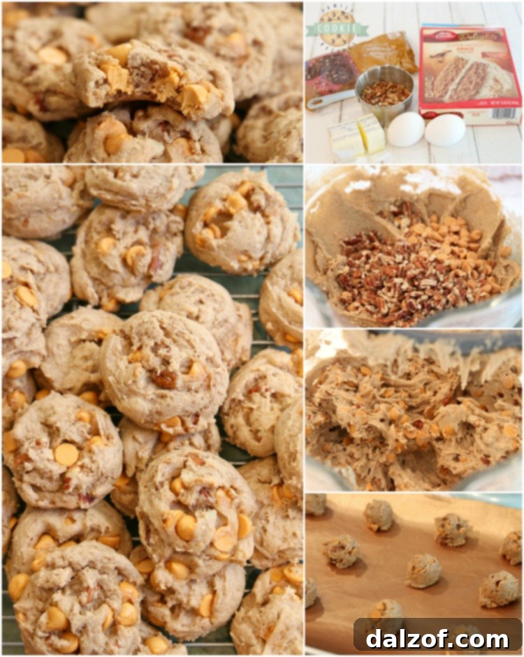 Collage of Caramel Spice Cake Mix Cookies, showcasing the soft and chewy texture with caramel and pecans.