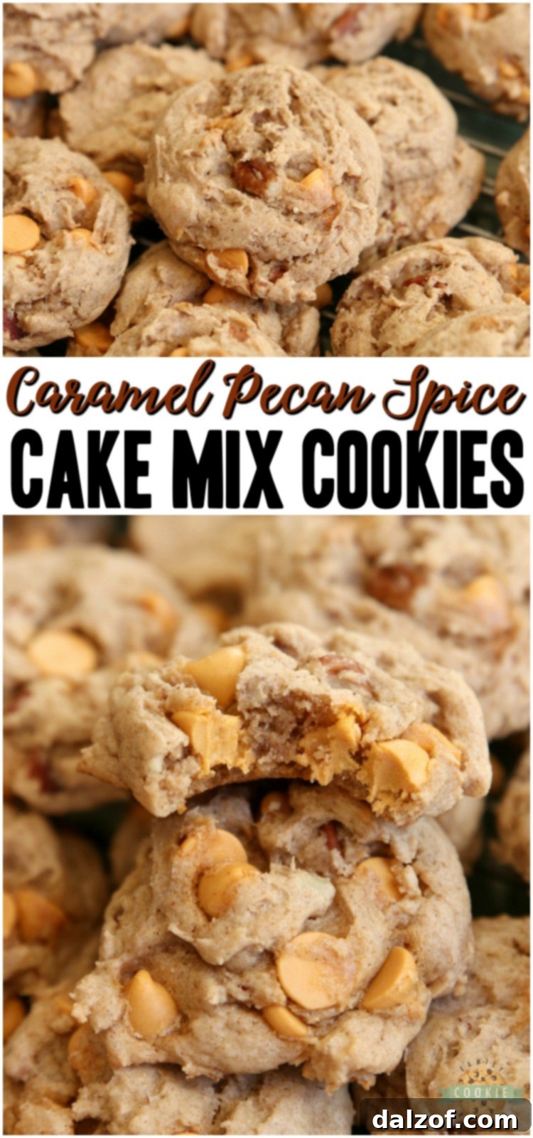 Pinterest pin graphic for Caramel Spice Cake Mix Cookies, highlighting 5 ingredients, soft & chewy texture, and perfect for fall.
