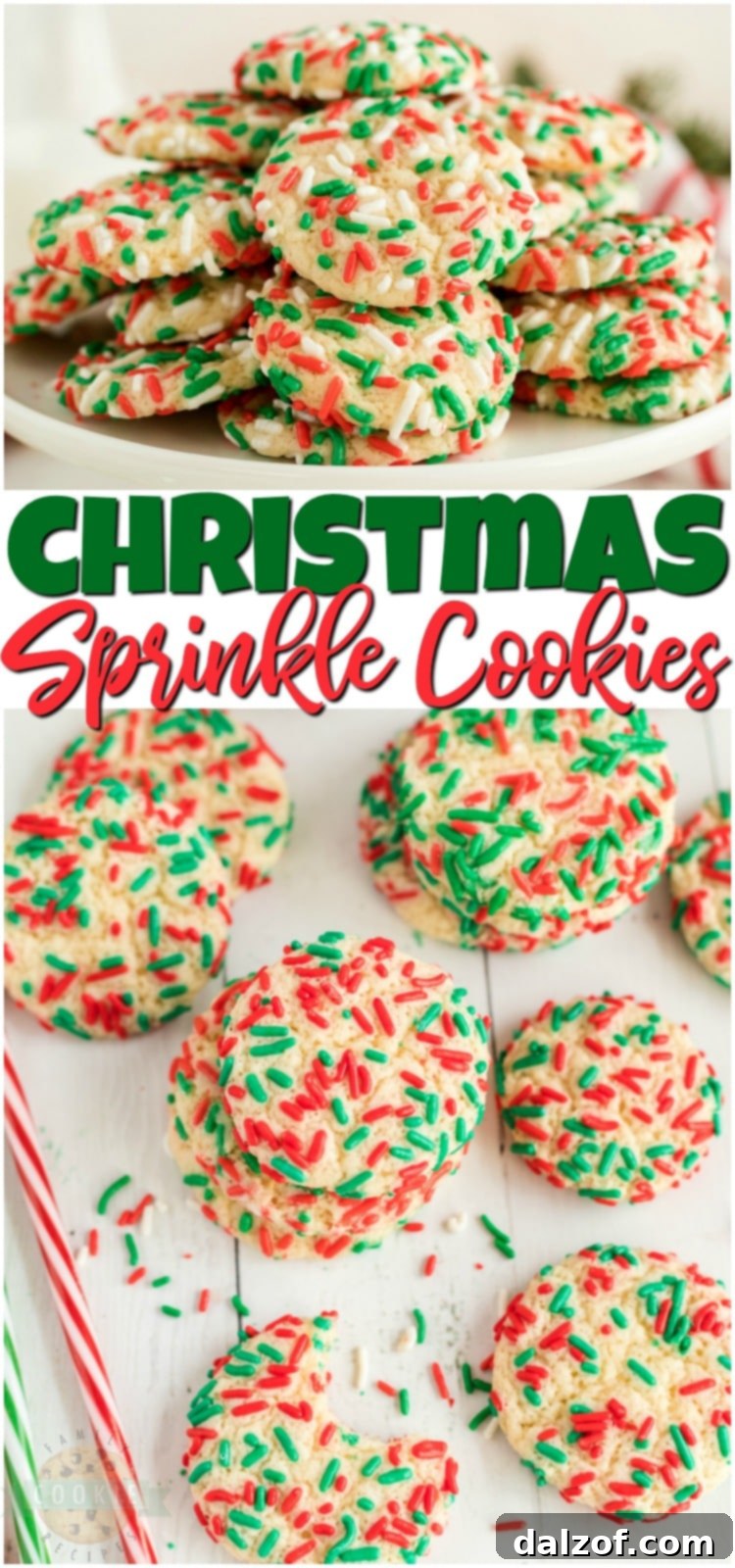 Christmas Sprinkle Cookies are sugar Cookies rolled in Christmas sprinkles for a special holiday treat! Delightfully soft & chewy Christmas cookies made with festive holiday sprinkles! #Christmas #sugarcookies #sprinkles #cookies #baking #holidays #neighborgifts #ChristmasCookies from FAMILY COOKIE RECIPES
