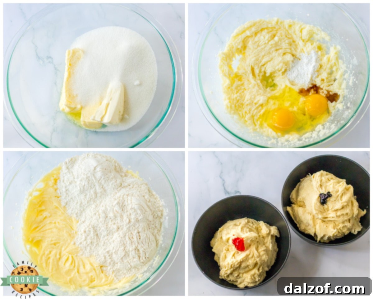 A step-by-step image showing how to make cream cheese sugar cookie bars, specifically the mixing process.