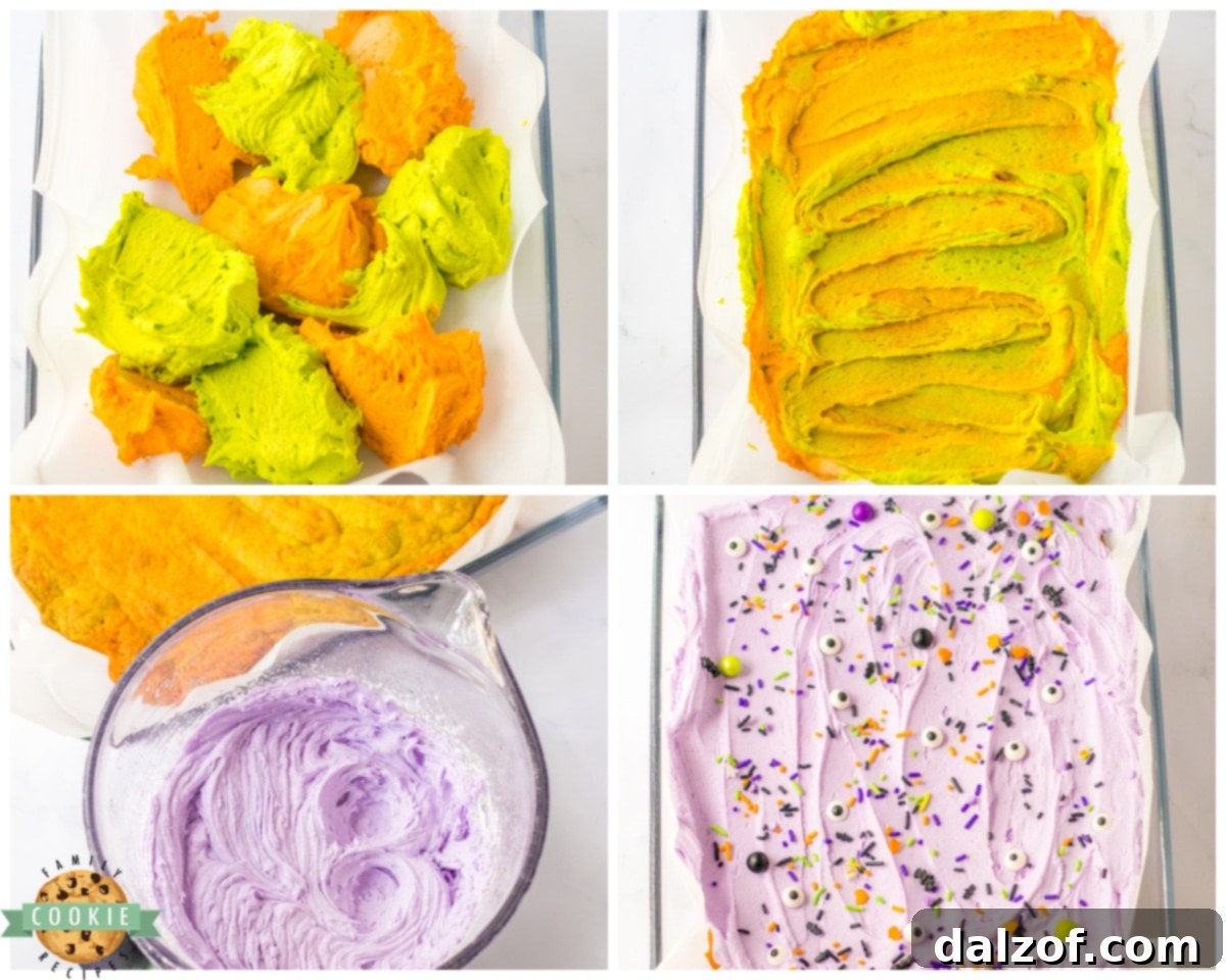 A close-up of cookie dough being marbled on a baking pan for Halloween sugar cookie bars.