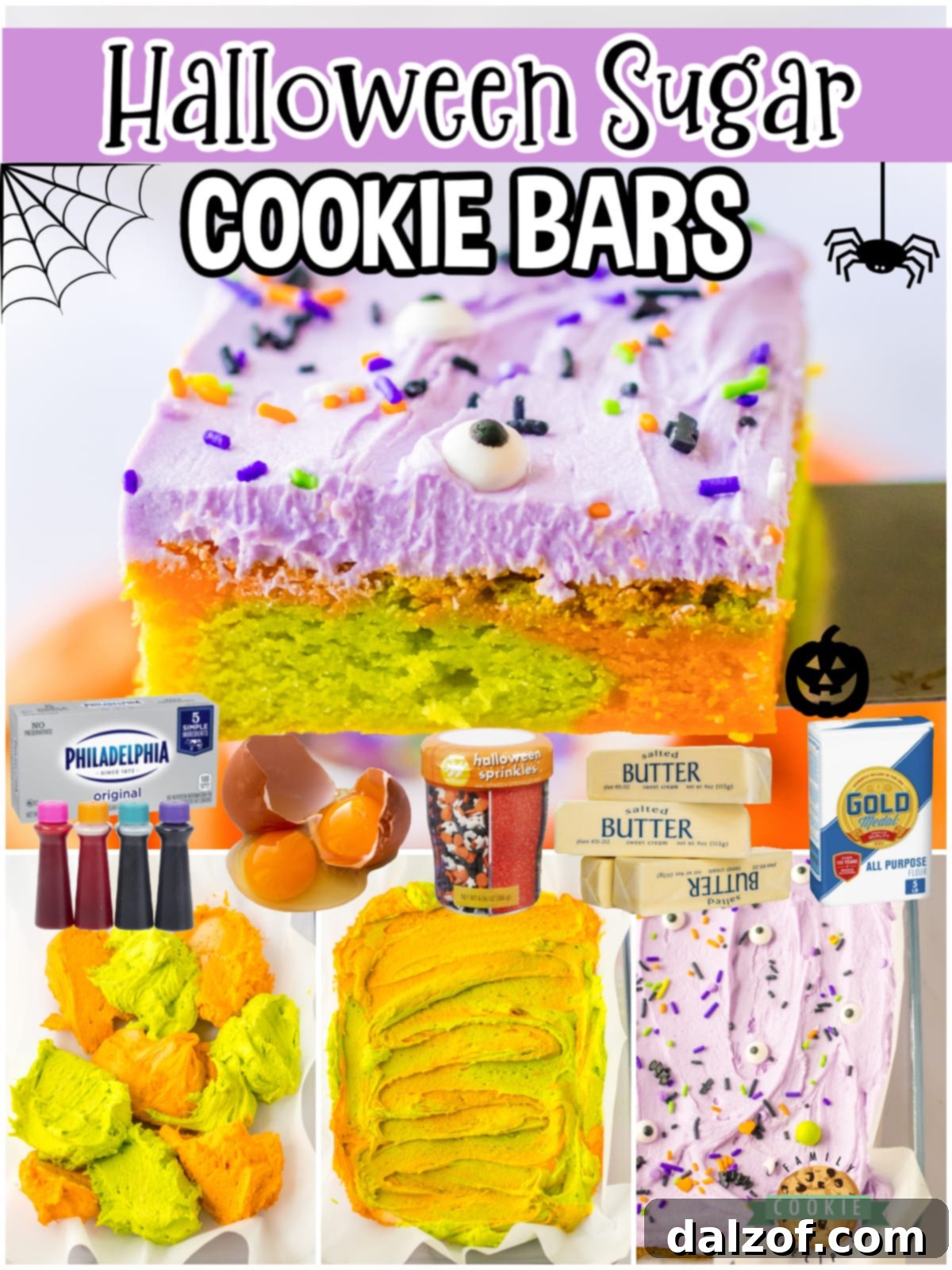 A festive collage of various Halloween Sugar Cookie Bars, showcasing their chewy texture, purple buttercream frosting, and spooky sprinkles – perfect for Halloween get-togethers.