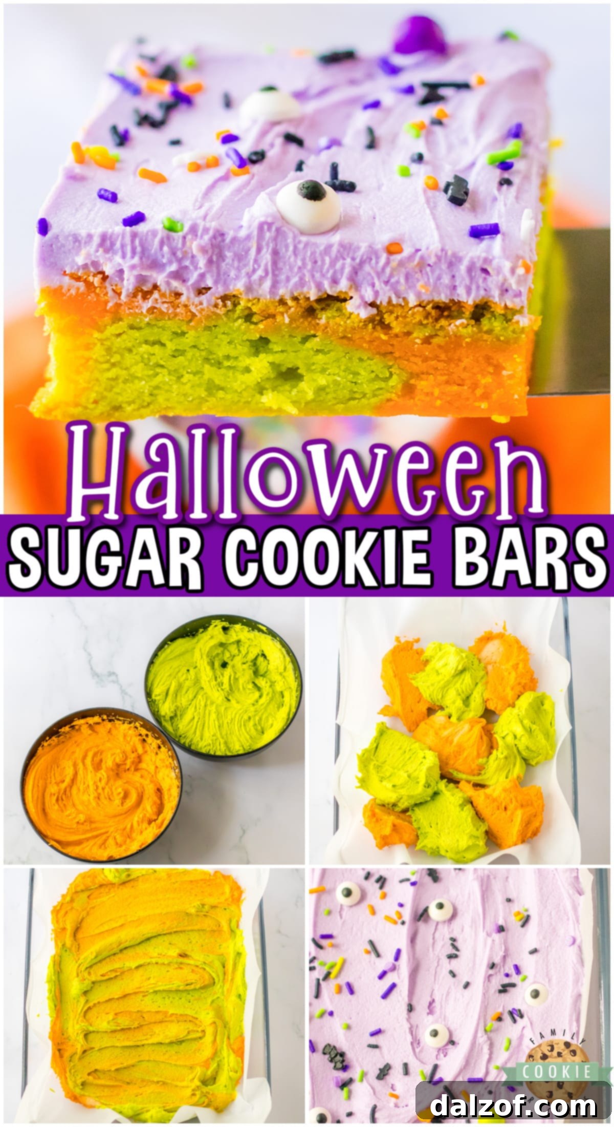 Halloween Sugar Cookie Bars are chewy, marbled cookie bars topped with purple buttercream frosting & spooky sprinkles! A festive treat perfect for Halloween parties!