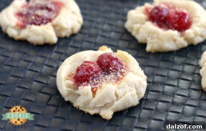 Close-up view of a tray of freshly baked Cherry Cheesecake Cookies with visible cherry filling and graham cracker crumbs