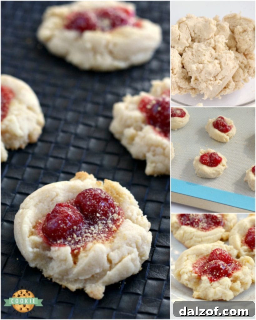 Step-by-step images showing the process of making Cherry Cheesecake Cookies, from ingredients to finished product