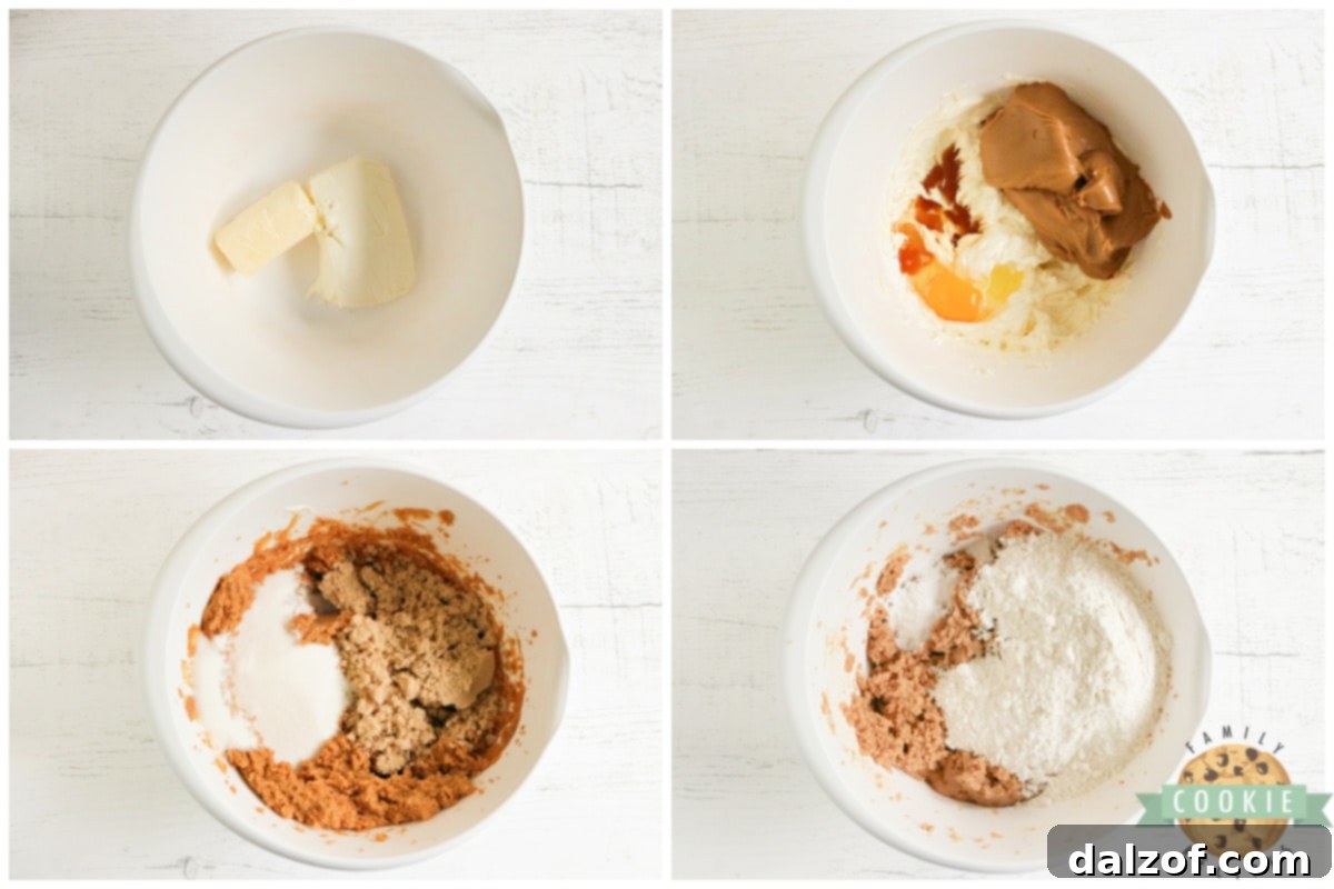 Mixing ingredients together for cream cheese peanut butter cookies. 