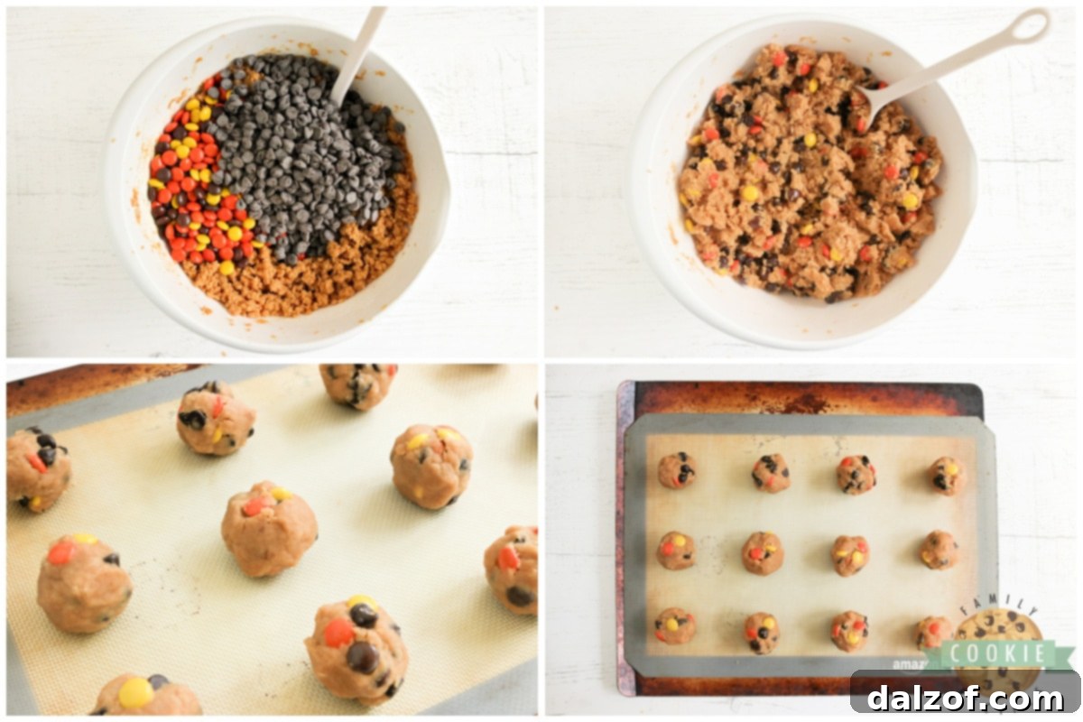 Adding Reese's pieces and chocolate chips to peanut butter cookies