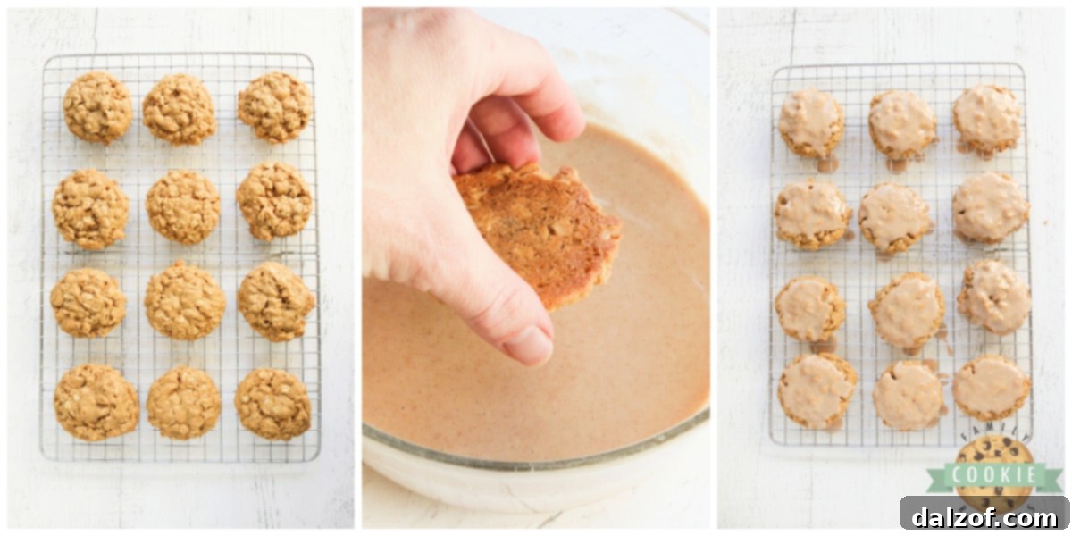 Dipping the top of the cookies in cinnamon sugar glaze.