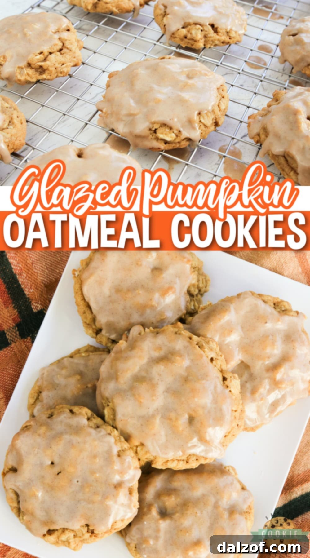 Glazed Pumpkin Oatmeal Cookies are soft, chewy oatmeal cookies packed with pumpkin and topped with a simple cinnamon sugar icing. The perfect cookie for fall!